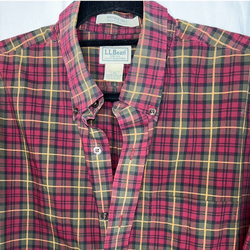 L.L.Bean Red Plaid Wrinkle Free 100% Cotton Button‎ Down Shirt Size Large